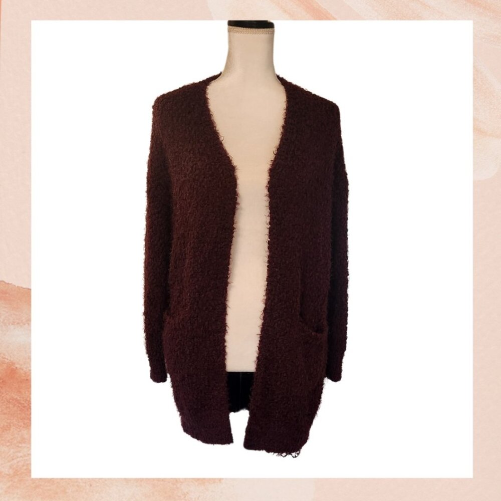 Fashion Nova Maroon Fuzzy Knit Long Sleeve Cardigan